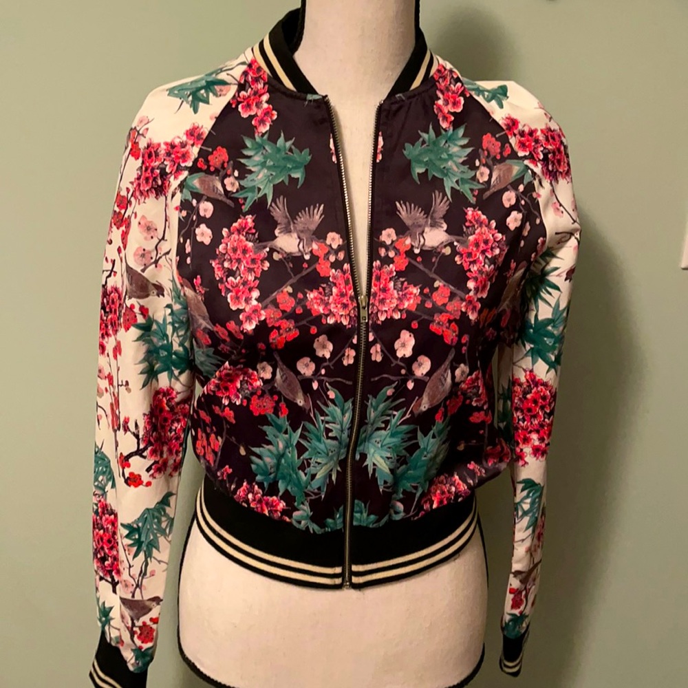 Chelsea & Violet satin floral bomber jacket XS